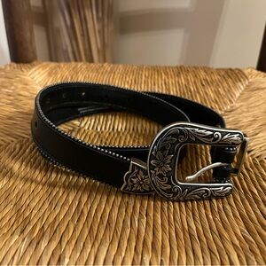 🆕 American Eagle Outfitters Western Black Leather Belt with Engraved Buckle XS